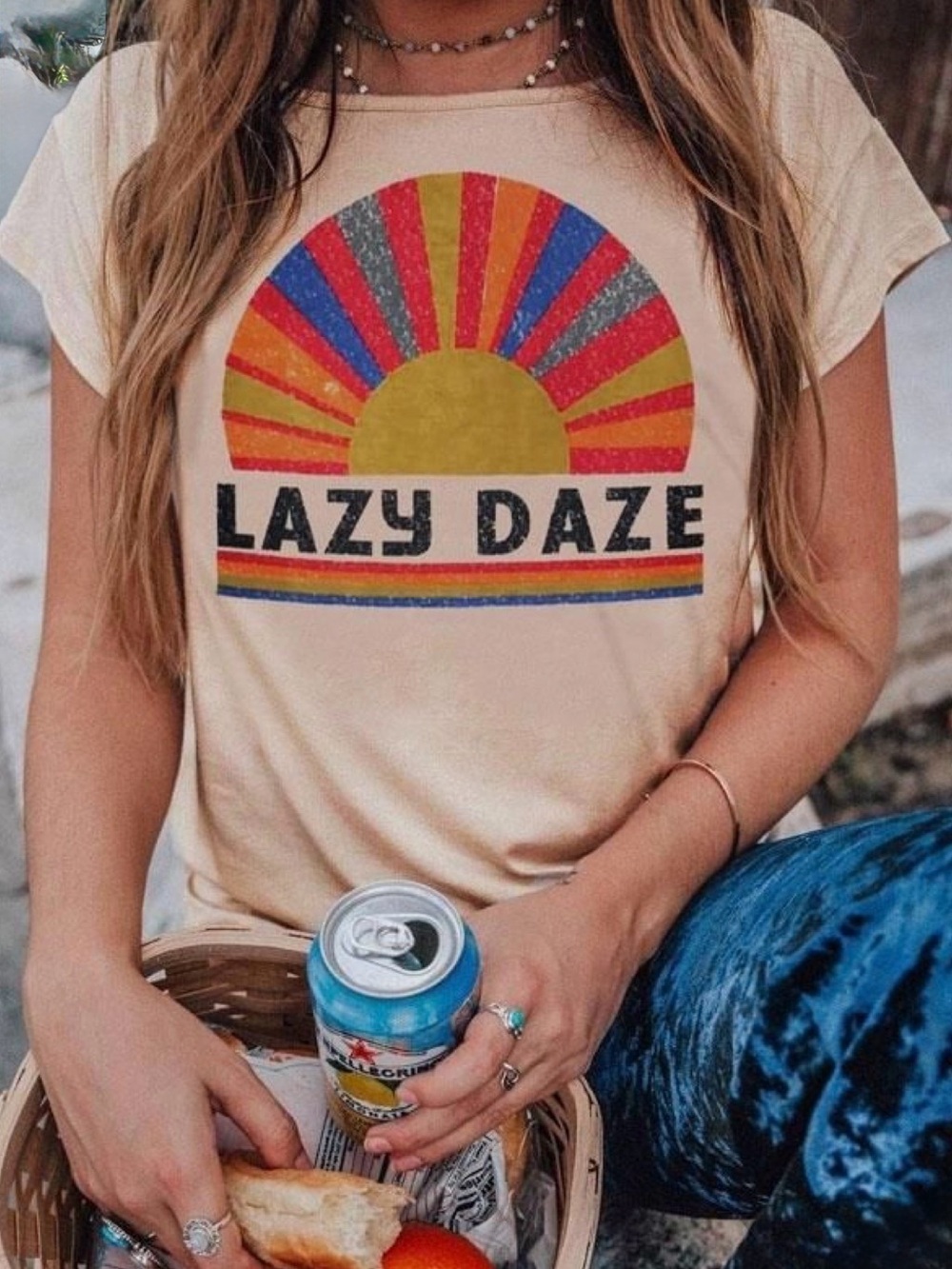 Life Clothing Co. EUC LAZY DAZE Oversized Graphic Tee with Retro Rainbow Sun